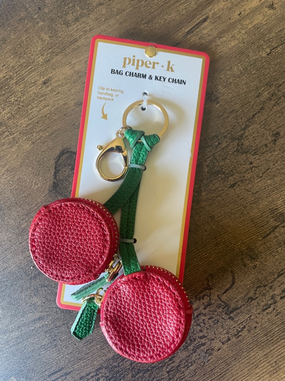 NWT Piper K Cherries Coin Purse Bag Charm Keychain Green Stems